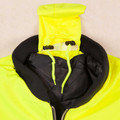 Fluoro yellow hi-vis flying jacket detail showing packaway hood with lime drawcord, black rib collar, zip, and black lining