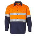 Orange+Navy MERGE Hi-Vis Safety Shirt made from heavy-duty 100% cotton drill, featuring authentic 3M reflective tape in a hoop pattern for maximum visibility on industrial worksites.