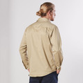 Back view of sand-coloured long sleeve work shirt with two flap chest pockets and buttoned cuffs