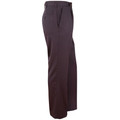 Dark plum men's flat-front suit pants with side pocket and belted waistband, side profile view