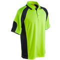 Hi-vis lime polo shirt with charcoal contrast panels on sleeves and sides, featuring button placket and collar