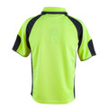 High-visibility yellow polo shirt with navy contrast panels on shoulders and sides, rear view showing raglan sleeves