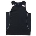 Black athletic singlet with white contrast piping along sides and mesh shoulder panels
