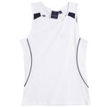 White ladies' sleeveless sports singlet with navy contrast piping along sides and shoulder panels