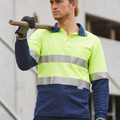 Hi-vis yellow and navy long sleeve safety polo with horizontal 3M reflective tape and contrasting collar
