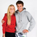 Bright red and grey marle fleece hoodies with kangaroo pockets and drawstring hoods on models