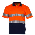 High-visibility orange polo shirt with silver reflective tape and navy lower panel, featuring ribbed black collar