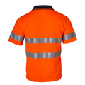 High visibility orange polo shirt with navy collar and dual silver reflective tape stripes across back