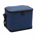 Navy blue canvas-textured cooler bag with black zip top, carry handle and contrasting base trim