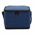 Navy blue canvas-textured cooler bag with black trim, dual zippers, and adjustable shoulder strap