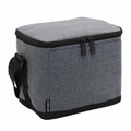 Grey canvas-textured cooler bag with black trim, dual zippers, and adjustable shoulder strap