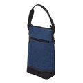 Navy blue two-bottle wine cooler bag with black base panel, front zip pocket and black shoulder strap