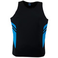 Black athletic singlet with cyan blue contrast side panels and diagonal stripe detail