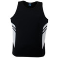 Black athletic singlet with white contrast side panels and stripe detailing