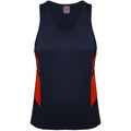 Navy v-neck sports singlet with red side panels and contrast stitching detail