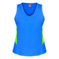 Royal blue ladies v-neck sports singlet with fluoro lime contrast side panels
