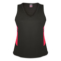 Black ladies sports singlet with hot pink contrast side panels and V-neckline, flat lay packshot