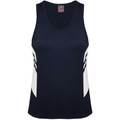Navy athletic singlet with white side panels and V-neck in contrast colour design