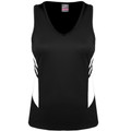 Black V-neck sports singlet with white contrast side panels and athletic stripes