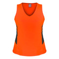 Fluorescent orange ladies sports singlet with charcoal side panels and V-neckline, flat lay packshot