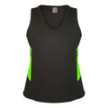 Slate grey women's V-neck sports singlet with neon green contrast side panels, sleeveless athletic fit