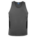 Charcoal grey kids sports singlet with black contrast side panels and rounded neckline