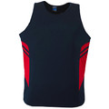 Navy athletic singlet with red contrast side panels and mesh inserts for decoration