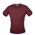 Maroon sports t-shirt with white side panels and contrast stripe detailing on a plain crew neck tee