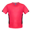 Neon pink kids sports tee with black contrast side panels and grey neck trim