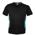 Black kids sports tee with teal contrast side panels and sleeve details