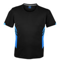 Black kids sports tee with bright blue contrast side panels and sleeve chevron detail