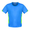 Kids cyan blue sports tee with neon green side panel accents and crew neck, flat lay packshot