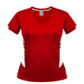 Red ladies V-neck sports tee with white contrast side panels and sleeve trim