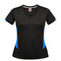 Black women's v-neck sports tee with royal blue contrast side panels and sleeve trim