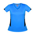 Cyan blue v-neck sports tee with black contrast side panels and sleeve trim