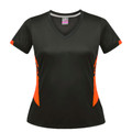 Charcoal grey ladies V-neck sports tee with neon orange contrast side panels and sleeve trim