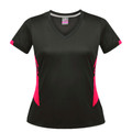 Black women's V-neck sports tee with hot pink contrast side panels and sleeve inserts, flat lay packshot