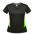 Slate and neon green women's v-neck sports tee with curved contrast side panels