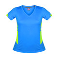 Cyan blue women's v-neck sports tee with neon yellow-green contrast side panels and sleeve accents