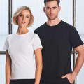 Female and male models wearing white and navy crew neck fitted t-shirts with smooth panels