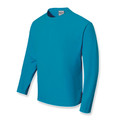 Turquoise long sleeve crew neck polyester tee, flat lay packshot with smooth front panel