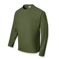 Olive green long sleeve crew neck tee with smooth polyester fabric and ribbed collar