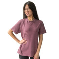 Mauve stonewashed cotton t-shirt with crew neck and short sleeves showing textured vintage finish