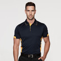Navy and gold contrast polo shirt with sleeve panels and collar trim