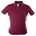 Maroon sports polo with white contrast side panels and navy collar underside featuring striped detailing