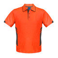 Orange hi-vis polo with charcoal contrast side panels and sleeve trim, button placket
