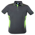 Slate grey men's sports polo with neon green contrast side panels, triple stripe sleeve detail and tipped collar