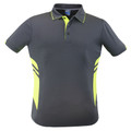 Slate grey men's sports polo with neon yellow contrast side panels, triple stripe detail, and tipped collar