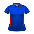 Royal blue ladies sports polo with red contrast panels, collar trim and placket detail