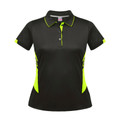 Black ladies polo shirt with hi-vis yellow contrast panels, collar and placket trim